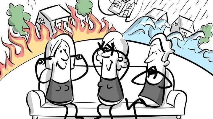 Strichzeichnung, drei Frauen sitzen auf dem Sofa, nichts hörend, sehend und sprechend. Darunter steht Über das Bewusstsein in der Klimakrise | © Stefanie Pausch